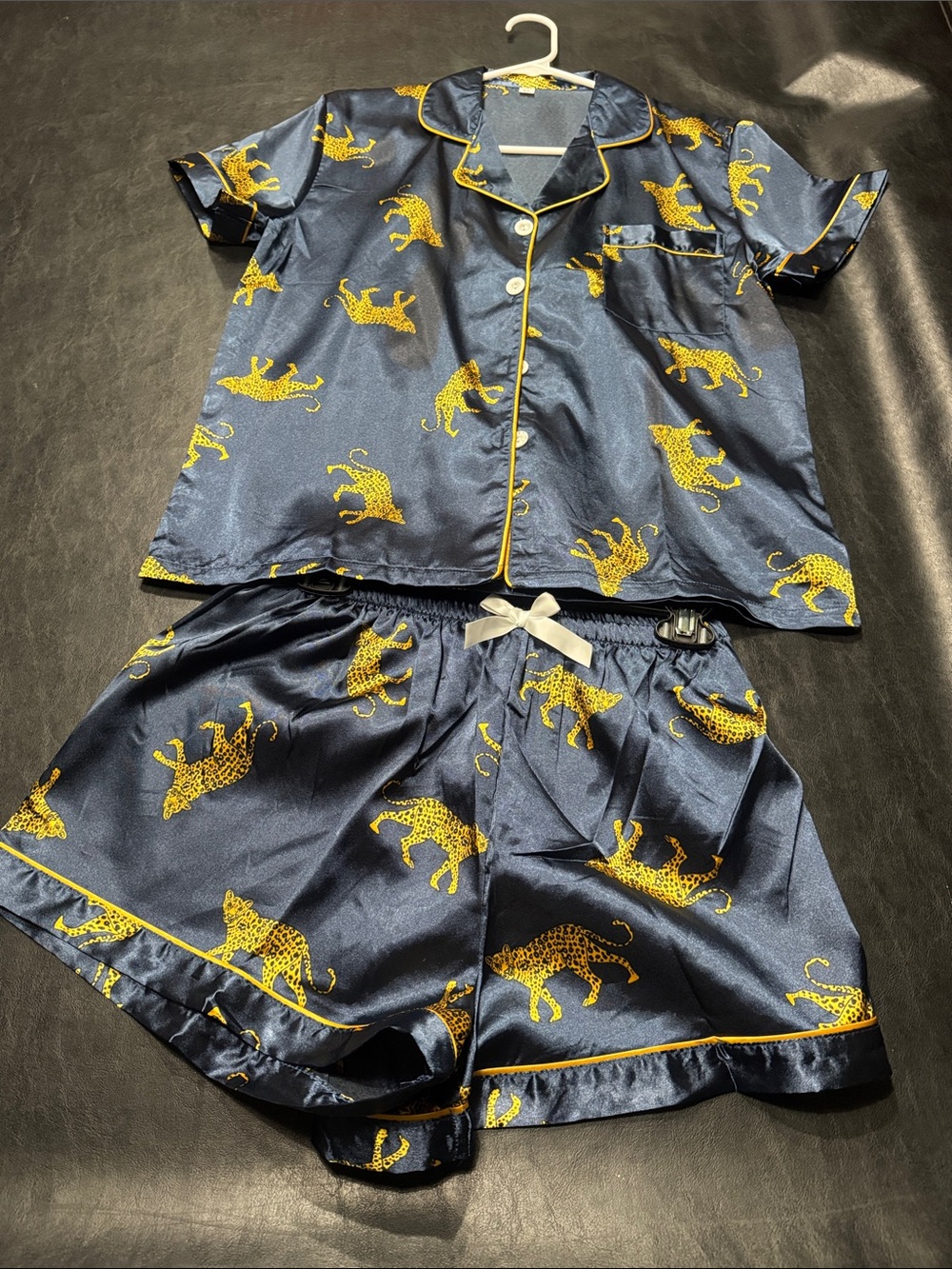 Women's Navy Satin Short Pajama Set with Gold Leopard Print